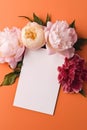 Blank White Card Top View On Orange Pink Background Peonies. Generative AI Royalty Free Stock Photo