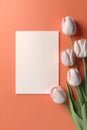 Blank White Card Top View On Orange Pink Background Tulips. Generative AI Royalty Free Stock Photo