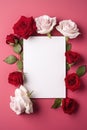 Blank White Card Top View On Pink Background Red Roses. Generative AI Royalty Free Stock Photo