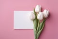 Blank White Card Top View On Pink Background Tulips. Generative AI Royalty Free Stock Photo