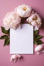 Blank White Card Top View On Pink Gold Background Peonies. Generative AI Royalty Free Stock Photo