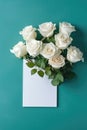 Blank White Card On Turquoise Background With Roses Postcard. Generative AI Royalty Free Stock Photo