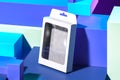 Blank White Cardboard Box on Blue Abstract Background With Rectangular and Foursquare Figures. 3d rendering.