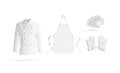 Blank white chef jacket, apron, hat and oven mitt mockup,