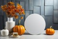 White round frame mockup with pumpkins and vase with autumn leaves. 3d rendering