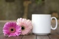 Blank white coffee cup and flowers. A cup of morning coffee or tea with soft pink and purple daisy flowers on the table. Royalty Free Stock Photo