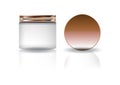 Blank white cosmetic round jar with copper lid in medium high size.