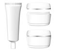 Blank white cosmetics product packaging set, cream tube, shampoo bottle, cream container isolated on white backgorund. Plas Royalty Free Stock Photo