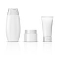 Blank white cosmetics product packaging vector set, cream tube, shampoo bottle, container