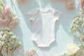 Blank white cotton baby short sleeve bodysuit on pastel blue background with white flowers. Infant onesie mockup. Gender