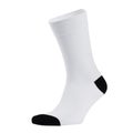 Blank white cotton long sock with black heel on invisible foot isolated on white background as mock up for advertising, branding. Royalty Free Stock Photo