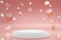 Blank white cylinder podium 3 step on pink background with blured drop gift boxes, showcase for product.