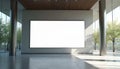 Blank white digital billboard in modern interior with large windows and trees outside. Empty screen on wall for ad display. Clean Royalty Free Stock Photo