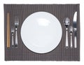 Blank white dish, fork, spoon, knife and chopsticks