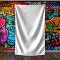 Blank White Fabric Banner on Vibrant Graffiti Wall Background Urban Mockup for Creative Content Messaging Royalty Free Stock Photo