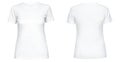 Blank white female t shirt template front and back side view isolated on white background. T-shirt design mockup for Royalty Free Stock Photo