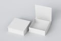 Blank white flat square gift box with open and closed hinged flap lid on white background.