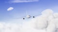 Blank white flying airplane mockup on sky background, front view