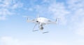 Blank white flying quadcopter mockup on sky background