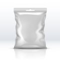 Blank white foil package isolated. Plastic powder packet realistic vector illustration