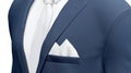 Blank white folded pocket square in blue classic suit mockup