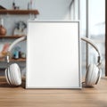 Blank White Frame with Headphones on Wooden Table Royalty Free Stock Photo