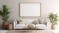 Blank white frame mockup in living room interior background, Coastal boho style. Generative AI Royalty Free Stock Photo