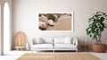 Blank white frame mockup in living room interior background, Coastal boho style. Generative AI Royalty Free Stock Photo