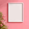 Blank White Frame with Pink Flowers and Soft Pink Background Royalty Free Stock Photo