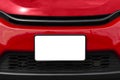 Blank White Front License Plate On Red Car With Copy Space