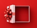 Blank white gift box open or top view of white present box tied with red ribbon bow on dark red background with shadow Royalty Free Stock Photo