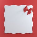 Blank white gift card with red ribbon bow isolated on red color background with shadow minimal concept. 3D rendering Royalty Free Stock Photo