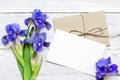 Blank white greeting card with blue iris flowers bouquet and envelope Royalty Free Stock Photo