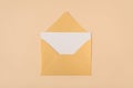 Blank white greeting card inside of golden colored open envelope isolated pastel tone beige background