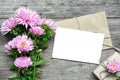 Blank white greeting card with pink aster flowers bouquet and envelope with gift box Royalty Free Stock Photo