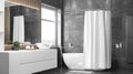 Blank white half open shower curtain mockup, half-turned view