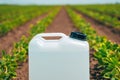 Blank white herbicide canister in soybean seedling field in springtime sunset Royalty Free Stock Photo