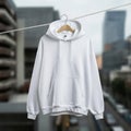 Blank White Hoodie Mockup Cityscape Background. AI-Generated Royalty Free Stock Photo