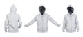 Blank white hoodie with raised hood frontside and backside isolated