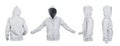 Blank white hoodie with raised hood leftside, rightside, frontside and backside