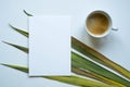 Blank white invitation card, text space, rectangle, coffee cup