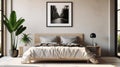 Blank white large photo poster frame with black edge in modern, luxury beige brown bedroom, wood head board bed, gray blanket,