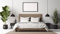 Blank white large photo poster frame with black edge in modern, luxury beige brown bedroom, wood head board bed, gray blanket,