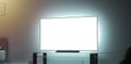 Blank white large tv screen interior in darkness mockup