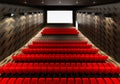 Blank white luminous cinema movie theatre screen with realistic red rows of seats and chairs with empty copy space background.