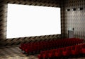 Blank white luminous cinema movie theatre screen with realistic red rows of seats and chairs with empty copy space background. Royalty Free Stock Photo