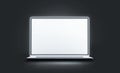 Blank white luminous laptop screen mockup, isolated in darkness