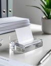 Blank white memo pad in a clear acrylic holder on a modern office desk Royalty Free Stock Photo