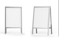 Blank white metallic outdoor advertising stand mockup set, , 3d rendering. Clear street signage board mock up. A-board
