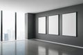 Blank white mock up posters on dark wall in modern empty room with big window Royalty Free Stock Photo